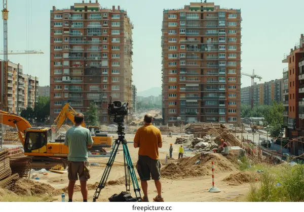 Two men filming a construction site