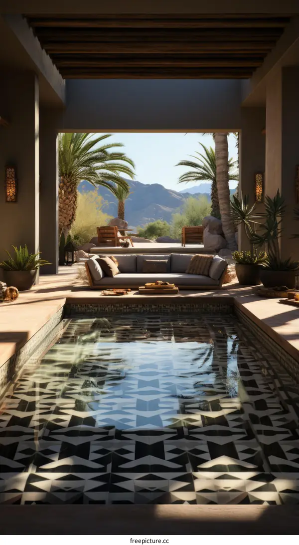 Courtyard with pool and mountain views