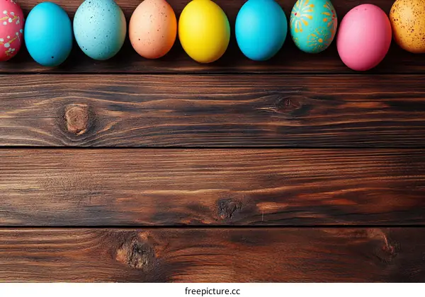 Colorful Easter Eggs on Wooden Background
