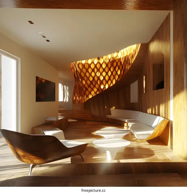 Modern Living Room Interior Design With Wooden Walls and Honeycomb Pattern