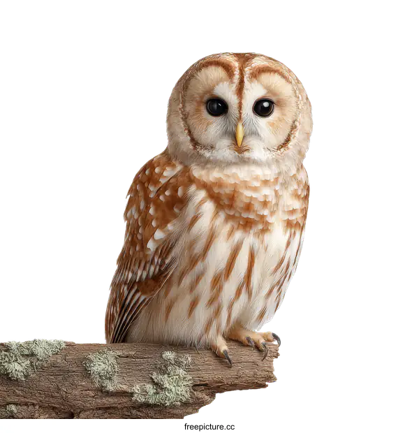 [Transparent Background PNG]Tawny Owl Perched on Branch Against White Background