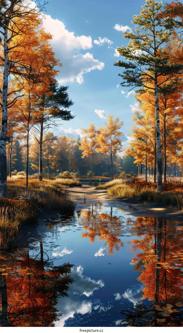 Colorful Foliage and Blue Sky Reflected in Serene Lake