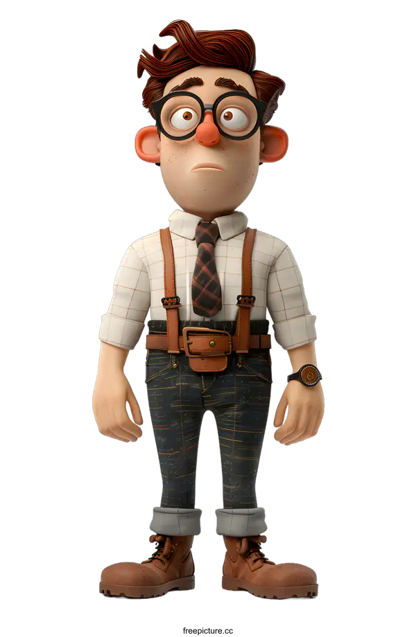 [Transparent Background PNG]3D cartoon character of a man wearing glasses and suspenders
