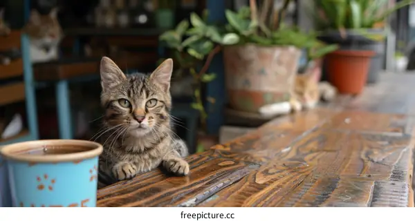 Cat sitting on a table in a cafe