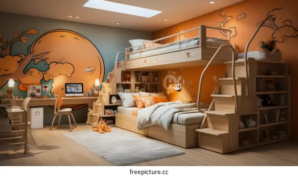 A bedroom with a bunk bed and a desk