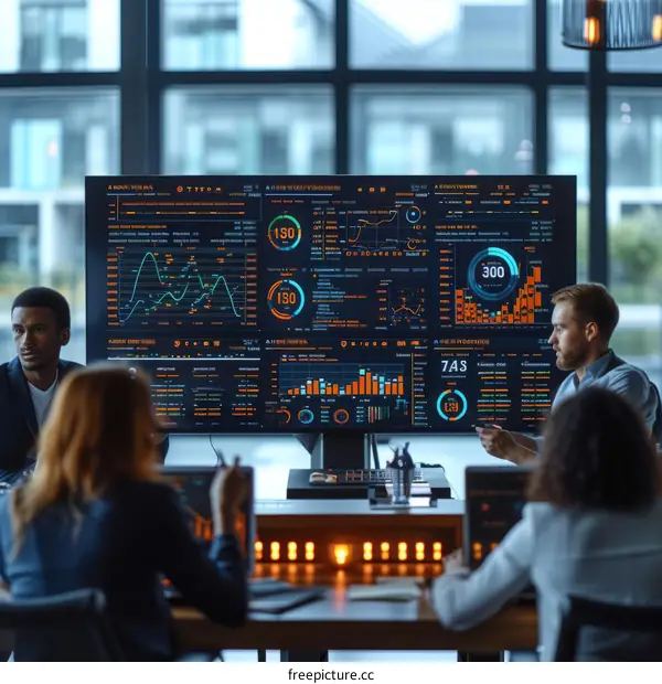 Diverse group of business people discussing financial data and statistics displayed on large screens in a modern office