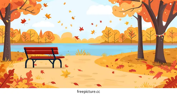 Autumn Landscape with Red Bench and Lake