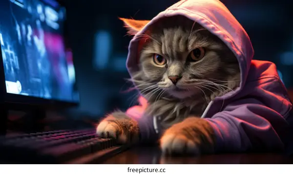A cat wearing a purple hoodie is sitting in front of a computer.