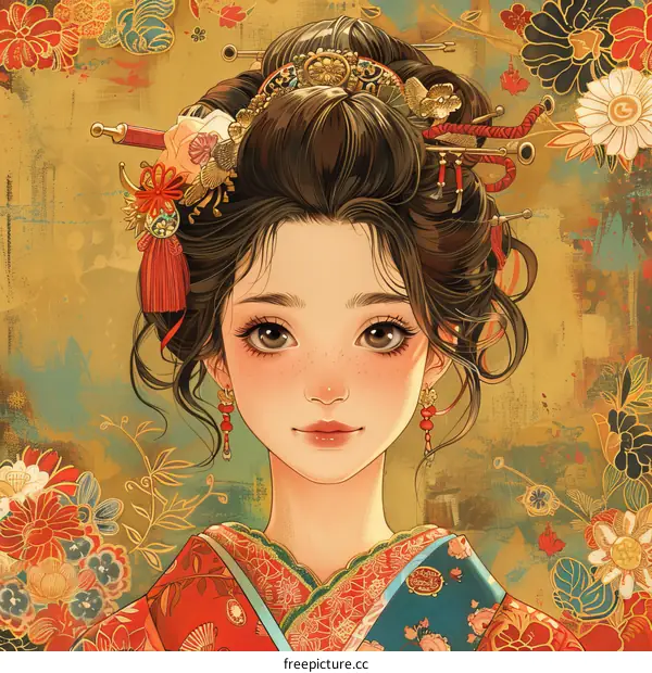 Beautiful Asian Woman in Traditional Japanese Kimono with Floral Patterns