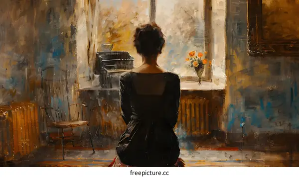 A woman is sitting on the floor with her back to the viewer. She is wearing a black dress and has her hair in a bun. There is a piano and a vase of flowers in the background.