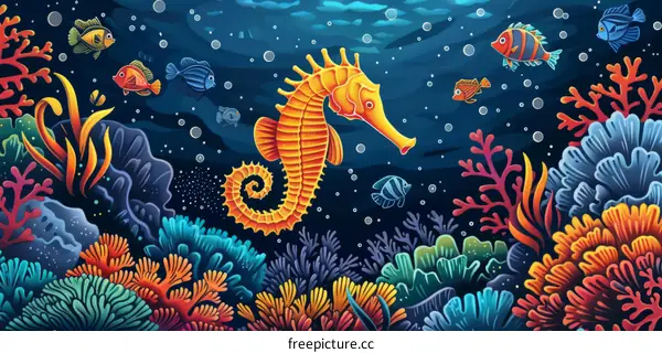 Vivid Underwater Illustration: Coral Reef with a Seahorse and a Variety of Fish