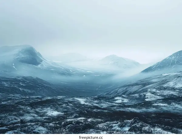 Barren Snow Mountain Landscape with Fog