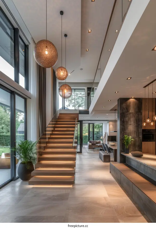 Staircase and living room with big windows and plants