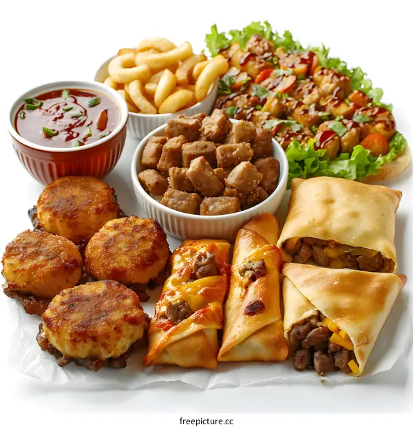 Assortment of Appetizers and Snacks on White Background