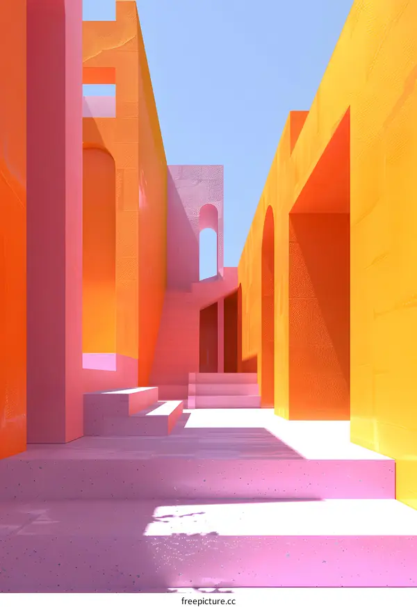 3D rendering of a colorful architectural structure with pink and orange elements and blue sky