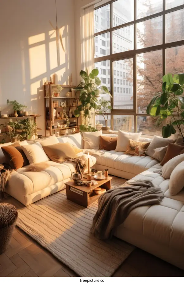 Cozy Living Room with Large Sectional Sofa and Plants