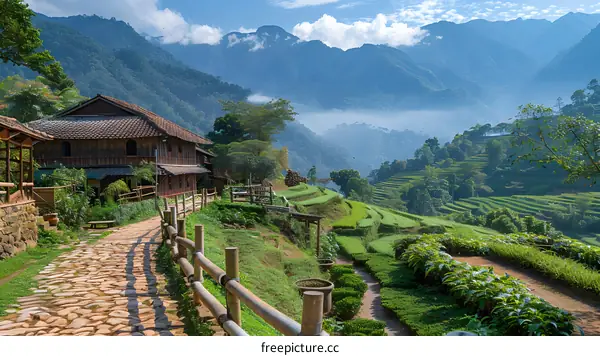 stone path through a lush green terraced rice field in a valley with mountains in the background