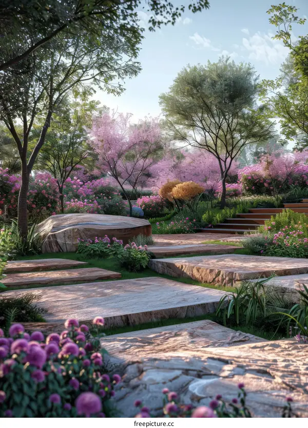 Spring Garden Pathway in a Lush Landscape Illustration