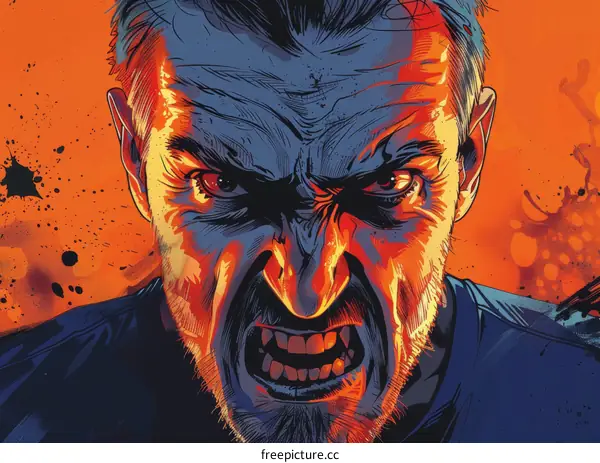 Illustration of a man with a beard and his eyes wide open and mouth gritted open in a grimace.