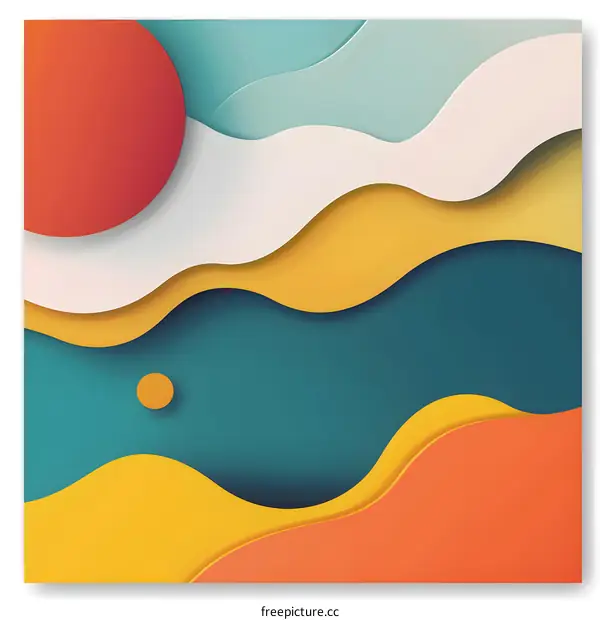 Abstract Paper Cut Background With Wavy Shapes In Orange, Yellow, Blue And White Colors