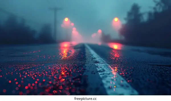 The red and blue lights of a car driving on an asphalt road at night in the rain