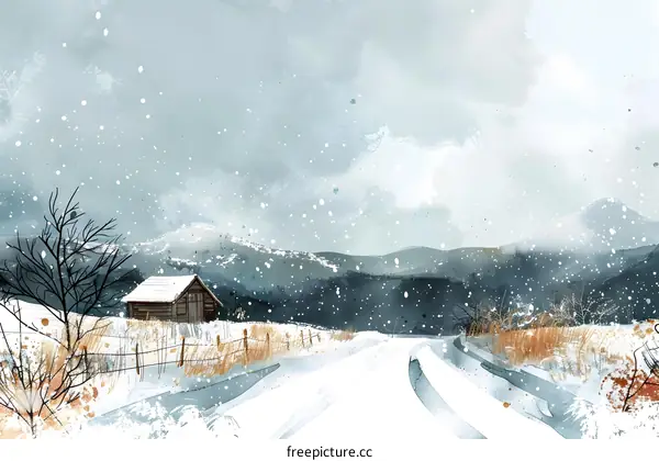 Winter Landscape with Cabin and Snowy Road