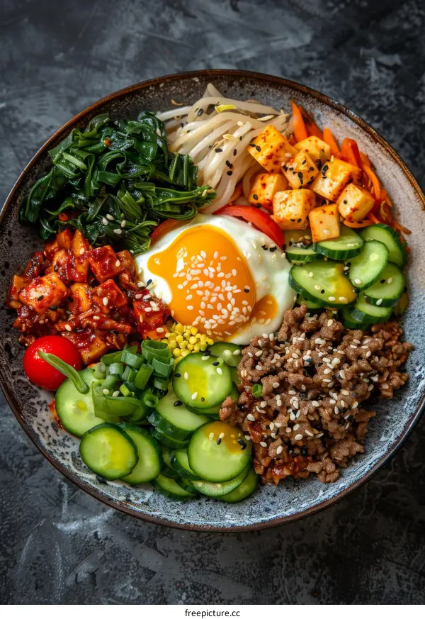 Bibimbap: Korean Rice Bowl with Vegetables, Egg, and Beef