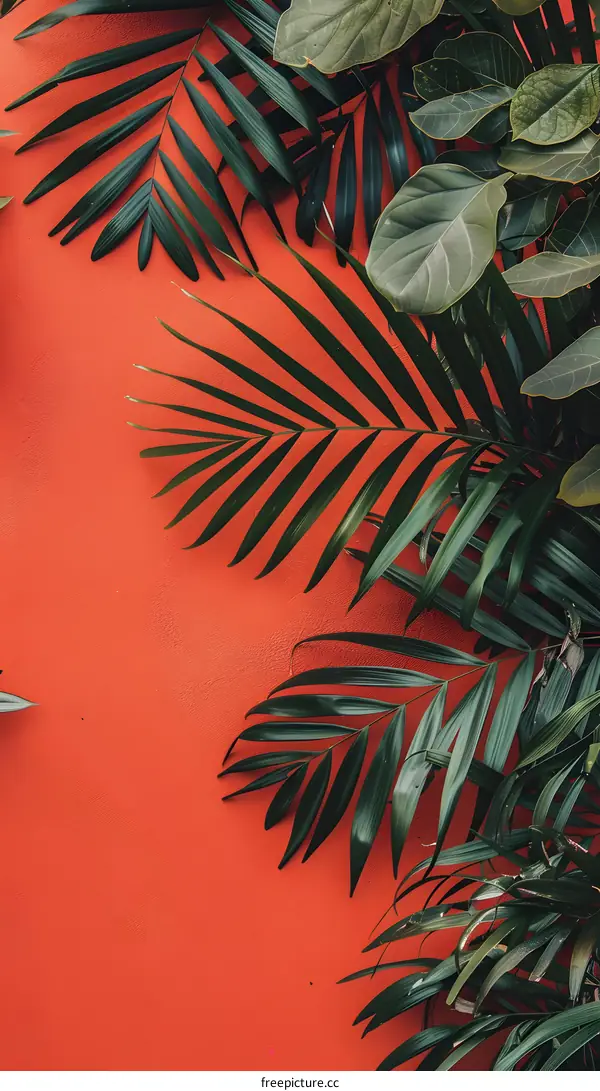 Tropical Leaves on Orange Wall Minimalist Photography