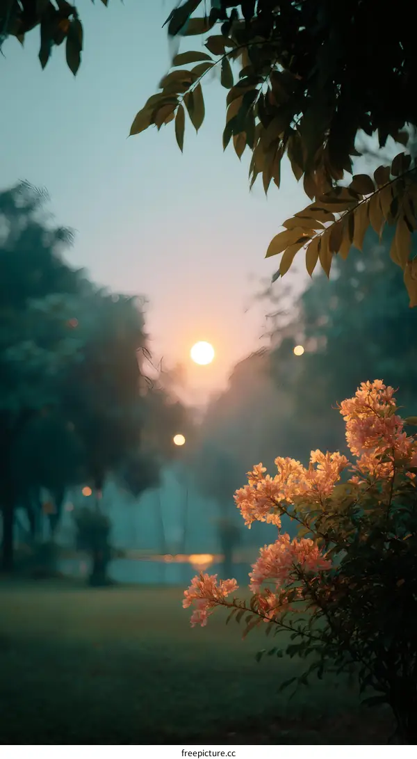 Beautiful Sunrise in a Park with Flowers