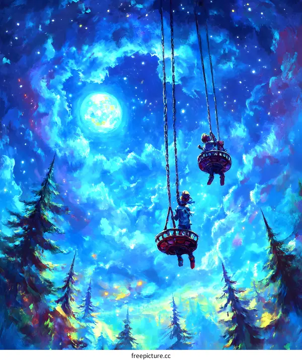 Two Children Swinging On The Moon