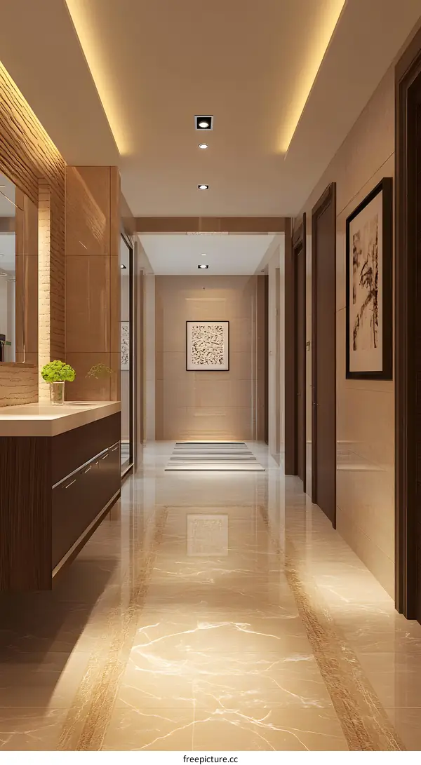 Modern Interior Design Hallway with Marble Floor and Recessed Lighting