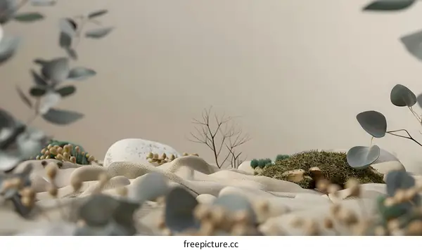 Minimalist 3D Render of Neutral Colors with Fabric and Eucalyptus Leaves