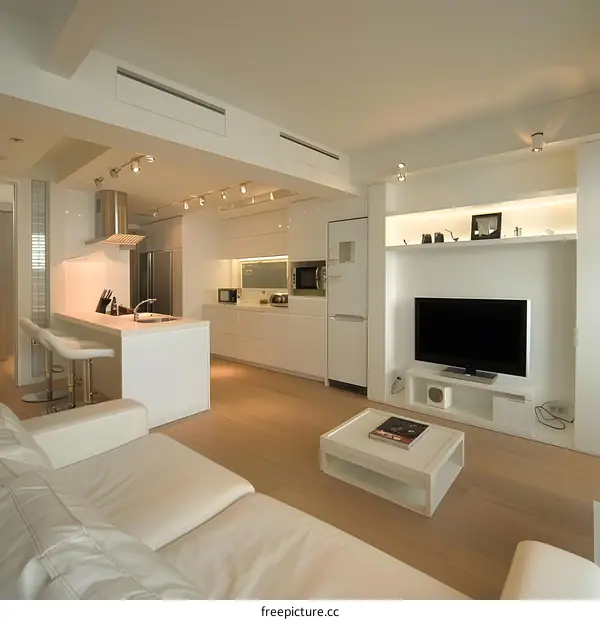 Modern White Kitchen and Living Room Interior Design