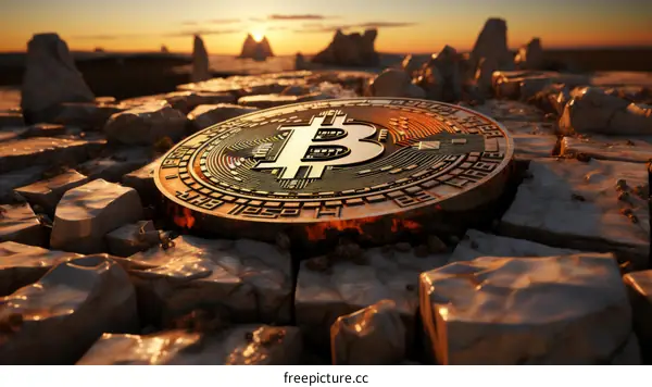 A golden Bitcoin embedded in dry cracked earth