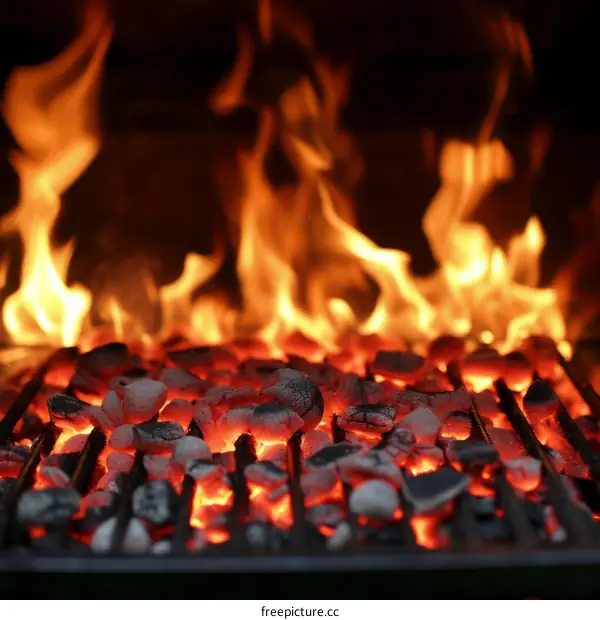 Glowing red and orange charcoal briquettes with yellow flames
