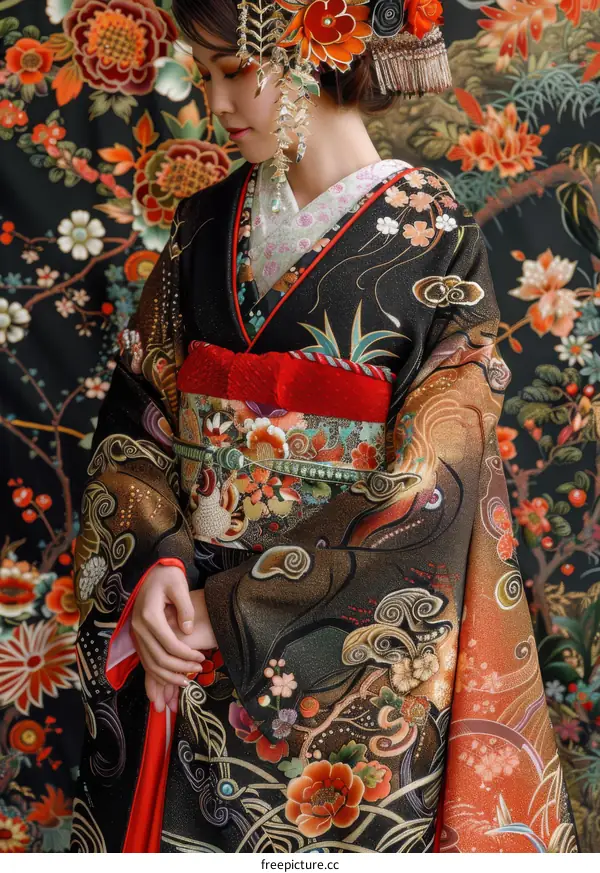 A woman wearing a kimono with a floral pattern