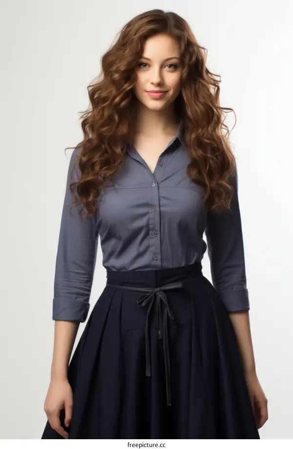 Portrait of a beautiful young woman with long brown hair wearing a blue blouse and a black skirt