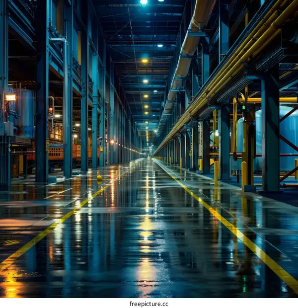 Empty Factory Building with Yellow Lines and Pipes