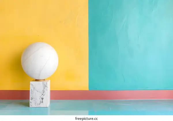 White Marble Sphere on a Yellow and Blue Wall