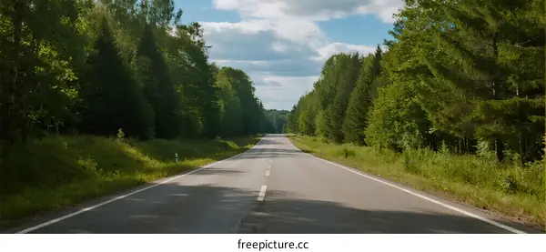 A peaceful road surrounded by lush green trees under a clear sky