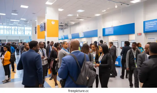 A group of people of African descent are networking at a conference.