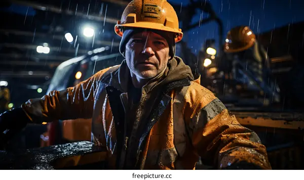 Portrait of a construction worker wearing a hard hat and reflective safety vest at a construction site at night