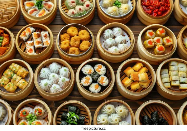 A variety of dim sum dishes in bamboo steamers