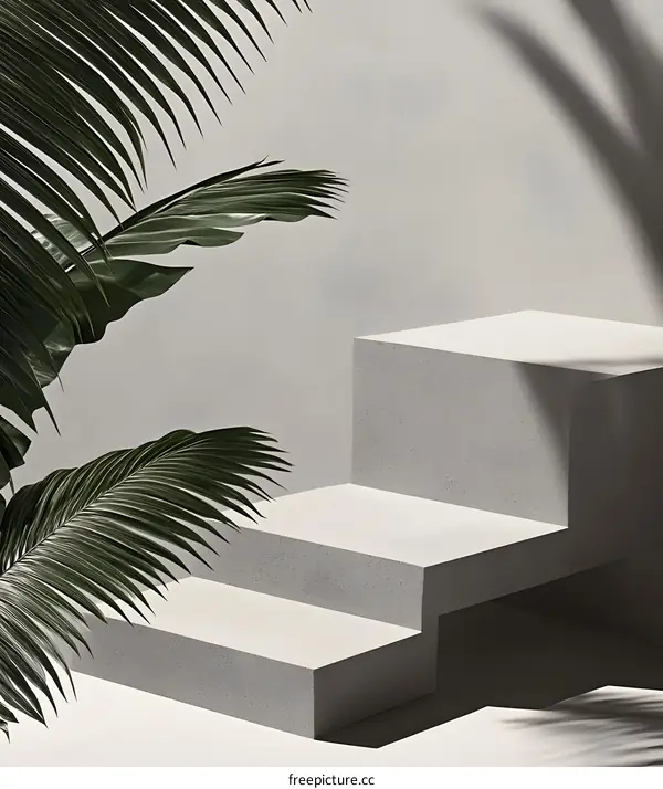 Minimalist White Concrete Steps with Palm Leaf