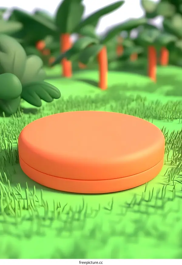 3D Rendered Orange Platform On Green Grass With Palm Trees In The Background