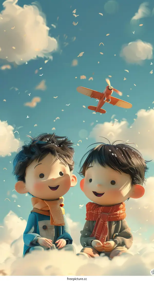 Two boys are sitting on the clouds, looking at a plane flying in the sky.