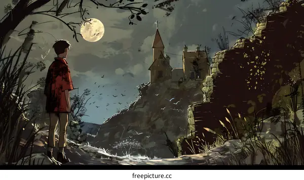 A Boy Looking at the Old Church Under the Moon