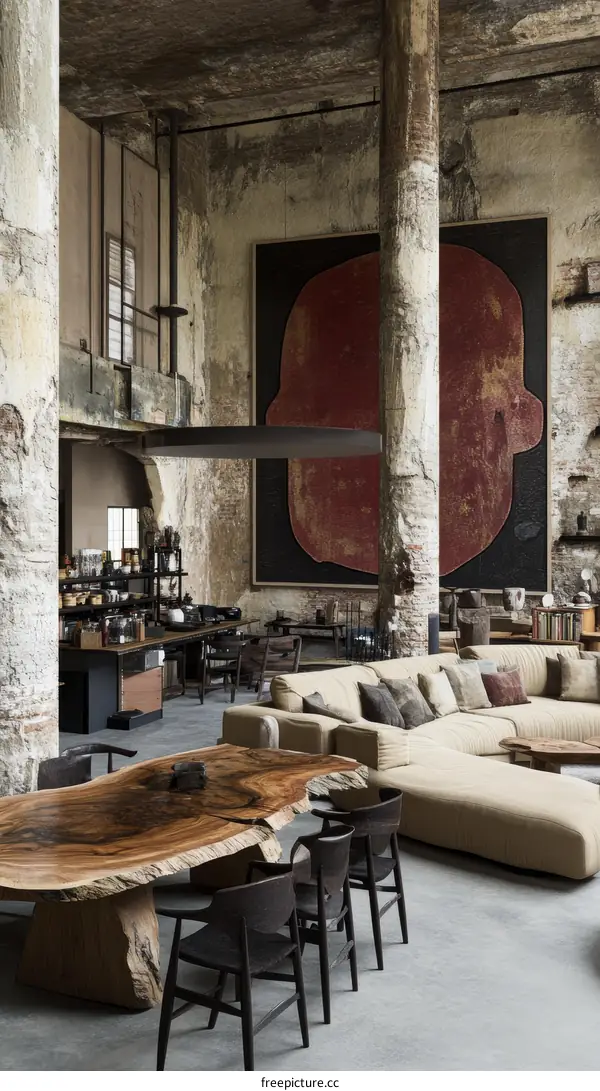 Industrial Loft Interior with Raw Wood Table