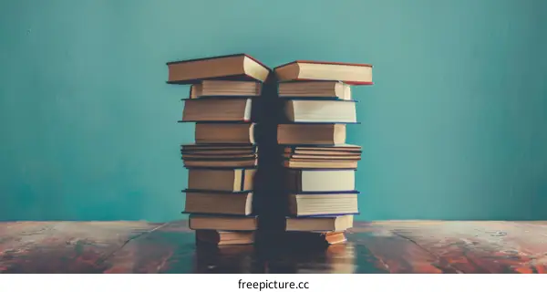 Two Stacks of Books on a Wooden Table