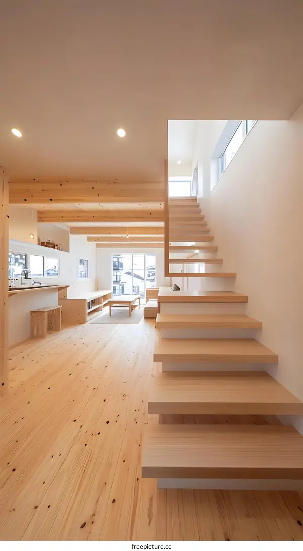 Modern Minimalist House Interior Design with Wooden Staircase and Hardwood Flooring
